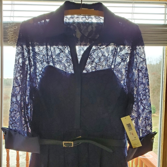 NWT Eliza J midi Navy lace collared sleeved formal cocktail dress Size 10 petite - Picture 4 of 5
